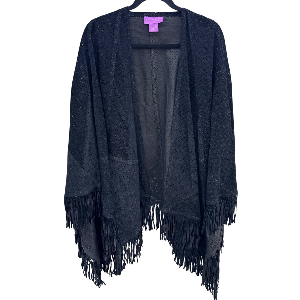 Suzanne Somers Vintage Black Leather Suede Fringe Open Front Kimono Cardigan Cap